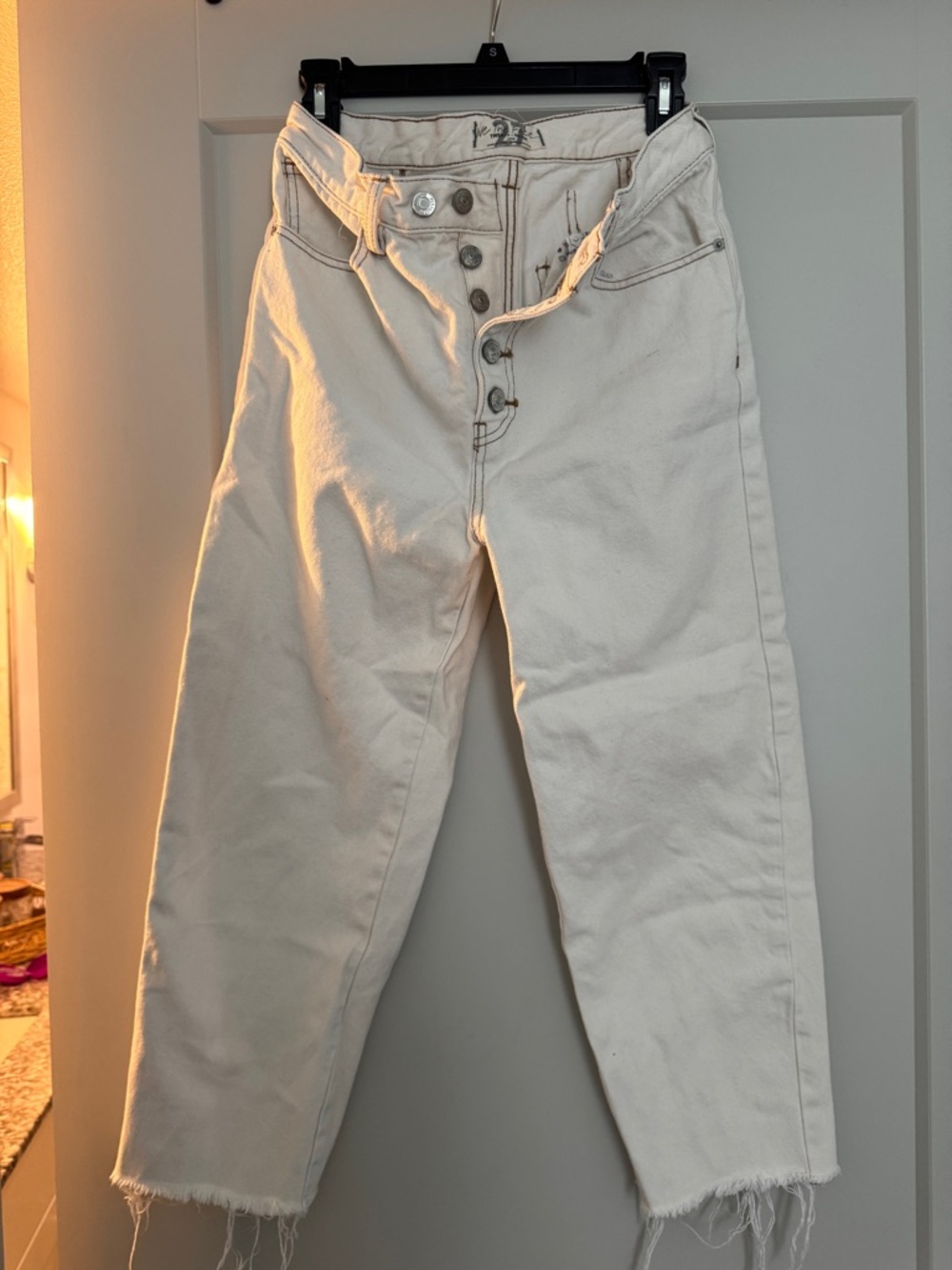 Free People Cream High-Rise Button-Fly Straight Ankle Jeans